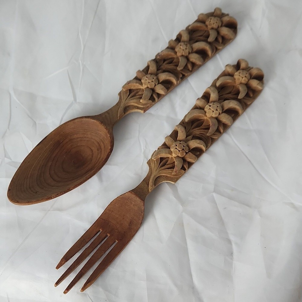 Hand Carved Wooden Salad Fork and Spoon  Decor‎ Wood Tiki floral Vintage